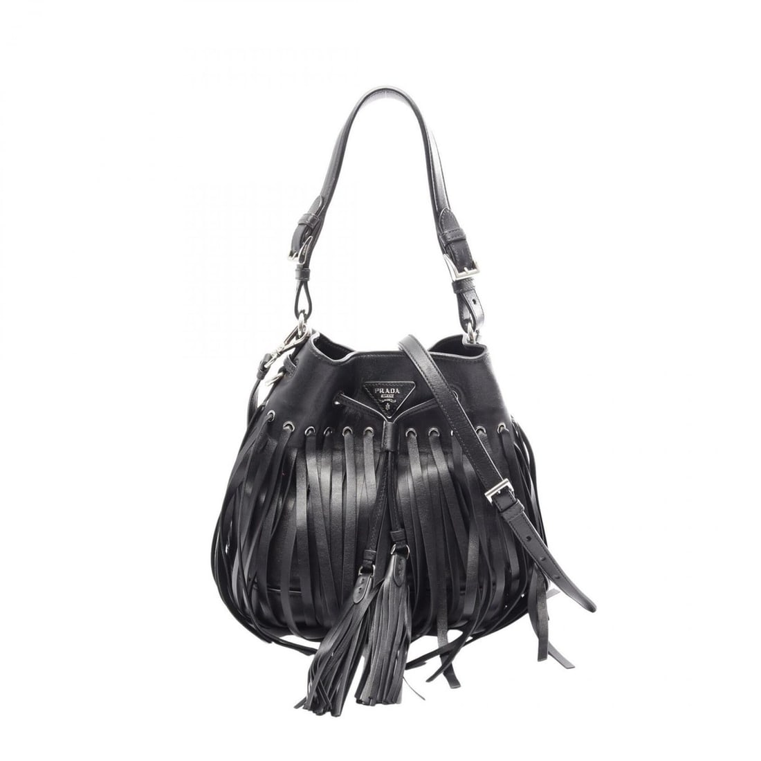 Prada Triangle Logo Fringe 2-Way Handbag, Leather, Women's, Black: --- Catalog ---Category: SizeSize (HxWxD): 24cm x 21cm x 15cm / 9.44'' x 8.26'' x 5.9''Category: DesignType: HandbagColor: BlackGender: WomenMaterial: Leather Category: GeneralBrand: Prada--- Item Lis