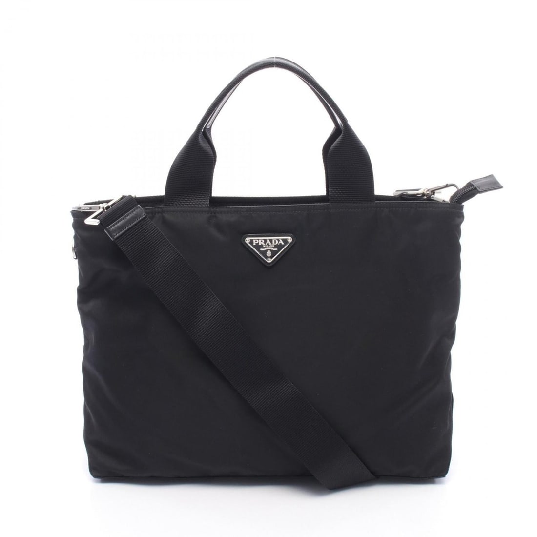 Prada Triangle Logo 2-Way Tote Bag/Handbag, Nylon & Leather, Women's, Black: --- Catalog ---Category: SizeSize (HxWxD): 26cm x 33cm x 12cm / 10.23'' x 12.99'' x 4.72''Category: DesignType: Handbag, Tote bagColor: BlackGender: WomenMaterial: Nylon , Leather Category: GeneralBra