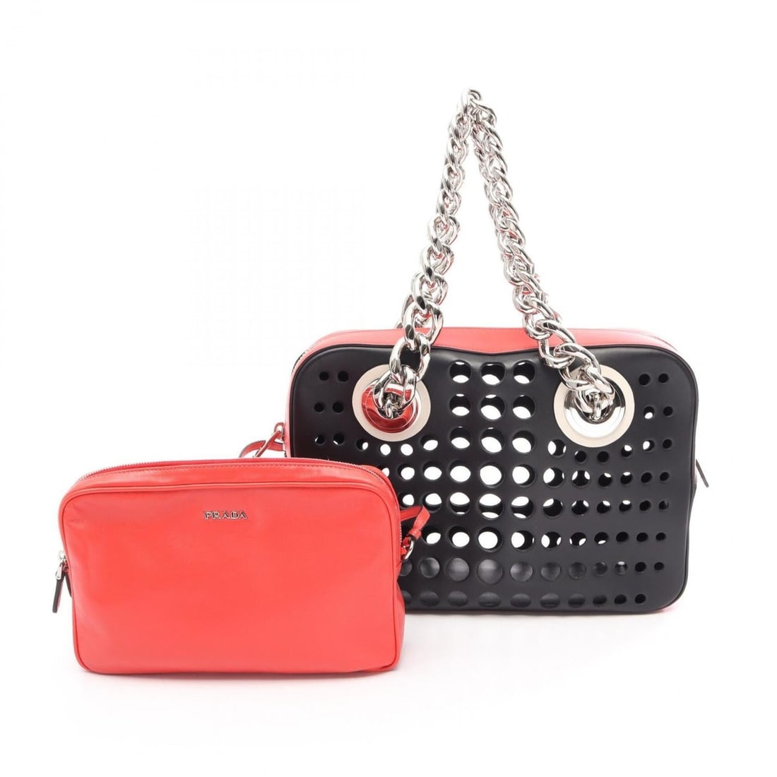 Prada City Fori Perforated Tote Bag Handbag Leather Women's Black/Red: --- Catalog ---Category: SizeSize (HxWxD): 21cm x 29cm x 9cm / 8.26'' x 11.41'' x 3.54''Category: DesignType: Handbag, Pouch, Tote bagColor: Black, Red colorGender: WomenMaterial: Leather Category: Ge