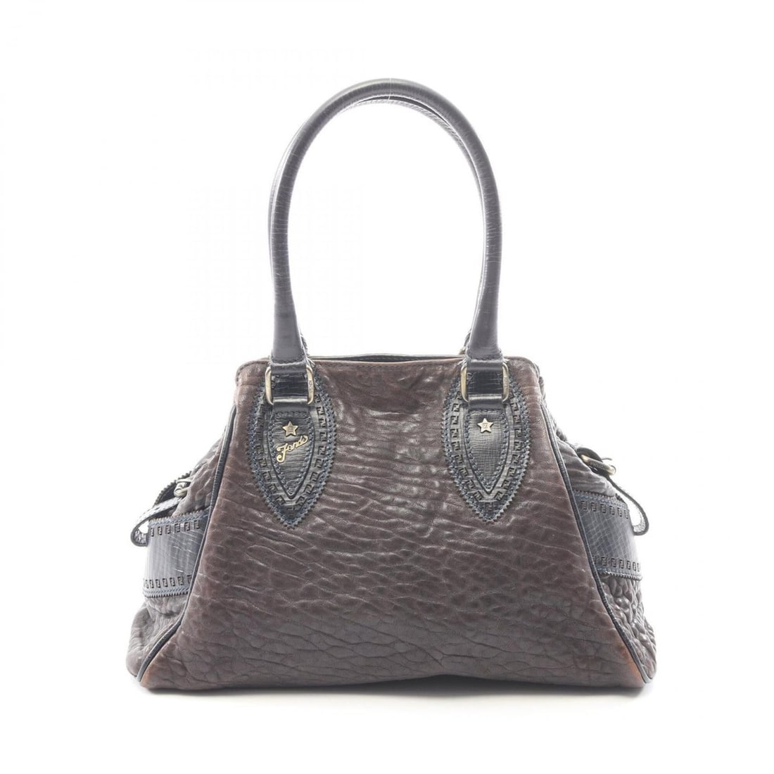 Fendi Etnico handbag, leather, women's, brown/navy.: --- Catalog ---Category: SizeSize (HxWxD): 24cm x 32cm x 14cm / 9.44'' x 12.59'' x 5.51''Category: DesignType: HandbagColor: Brown, NavyGender: WomenMaterial: Leather Category: GeneralBrand: Fendi--- 