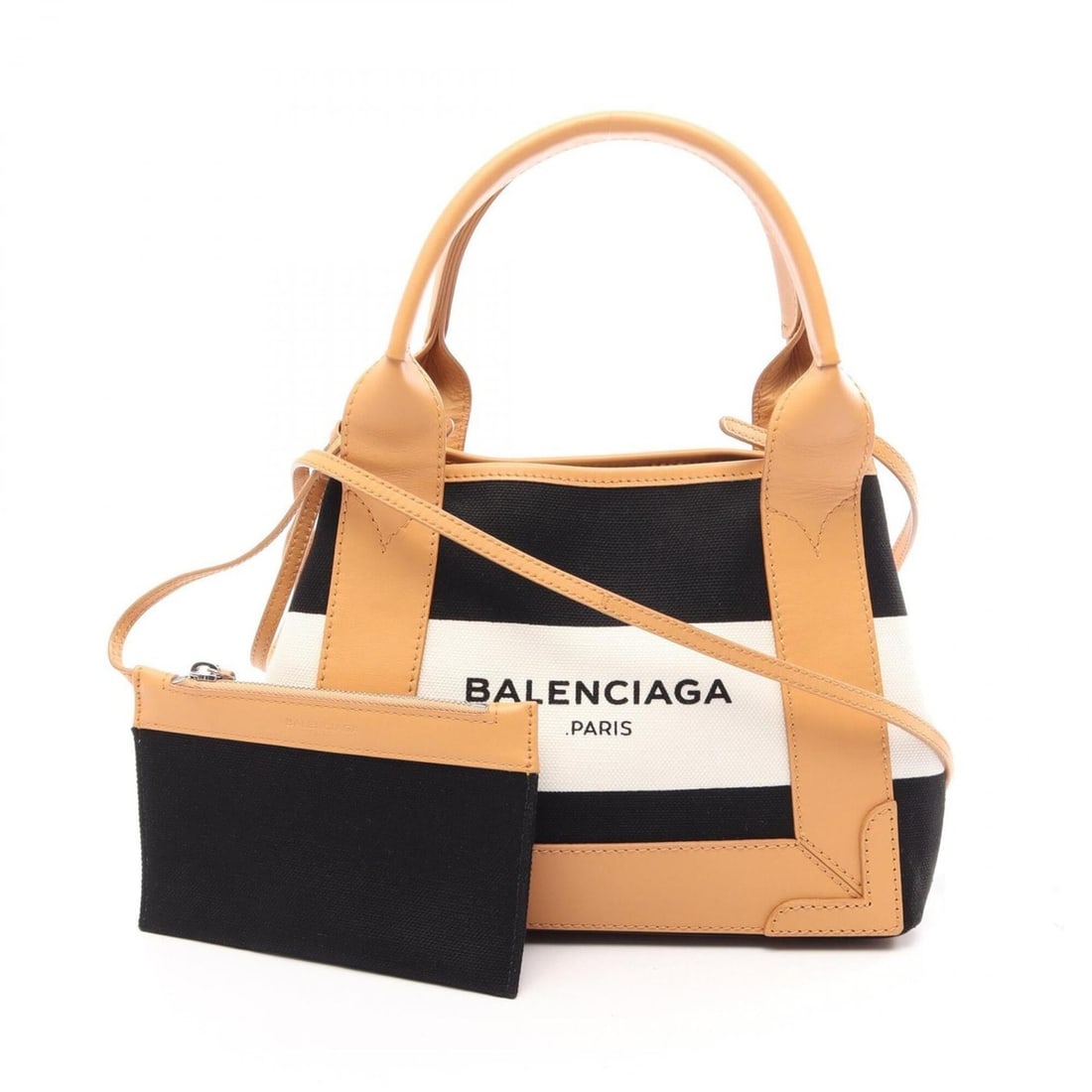 Balenciaga Navy Cabas XS 2-Way Handbag, Canvas and Leather, Women's, Black, White, Brown, 390346: --- Catalog ---Category: SizeSize (HxWxD): 20cm x 25cm x 7cm / 7.87'' x 9.84'' x 2.75''Category: DesignType: Handbag, PouchColor: Black, Brown, WhiteGender: WomenMaterial: Canvas , Leather Category: G