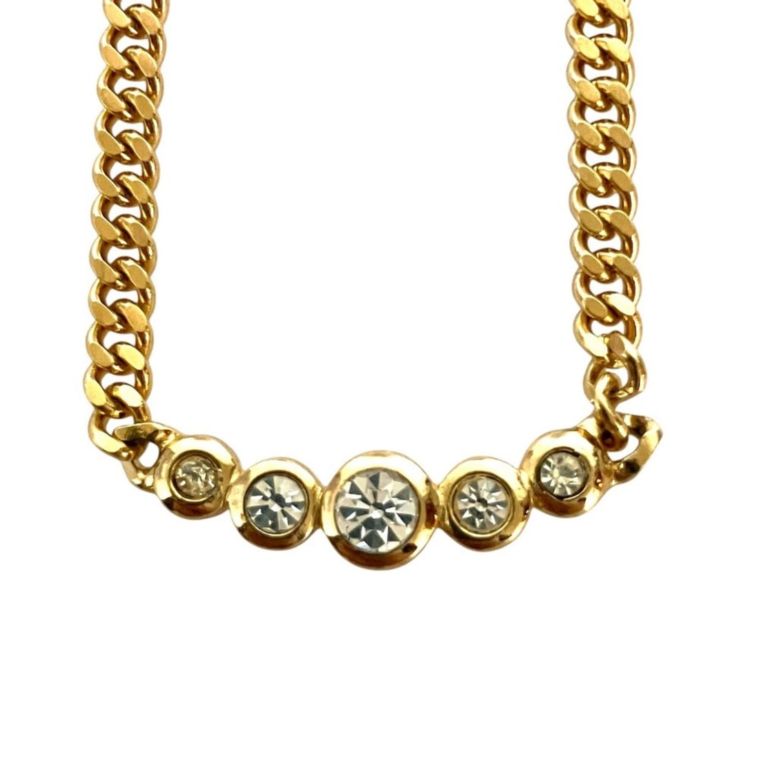 Christian Dior Vintage 5-Rhinestone Chain Necklace, GP Gold Color, Women's: --- Catalog ---Category: SizeNeck Circumference: 44 cm / 17.32''Category: DesignColor: GoldGender: WomenSeason: VintageMaterial: RhinestoneNecklace Type: NecklaceCategory: GeneralBrand: Christian