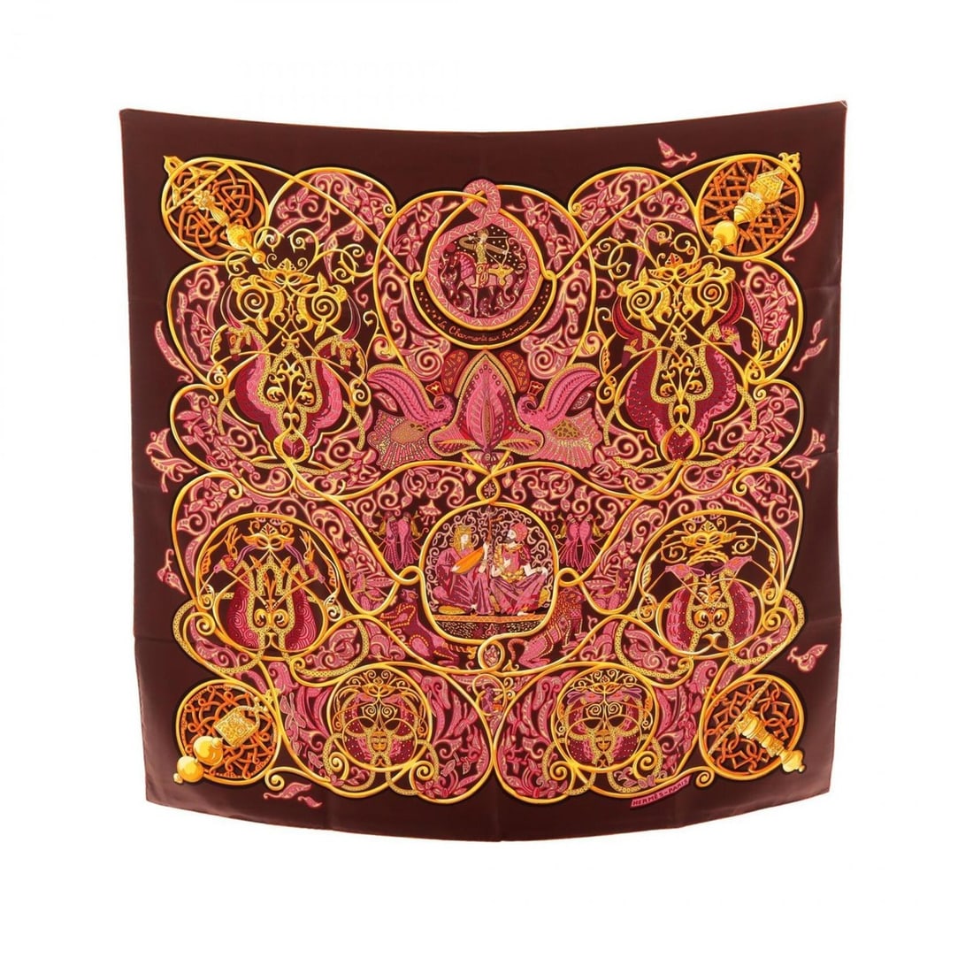 Hermes Carre 90 La Charmante aux Animaux Scarf/Muffler, Silk, Women's, Brown/Multicolor: --- Catalog ---Category: SizeSize (LxW): 88cm x 88cm / 34.64'' x 34.64''Category: DesignType: ScarfColor: Brown, Multi-colorGender: WomenMaterial: Silk Category: GeneralBrand: Hermes--- Item List ---S
