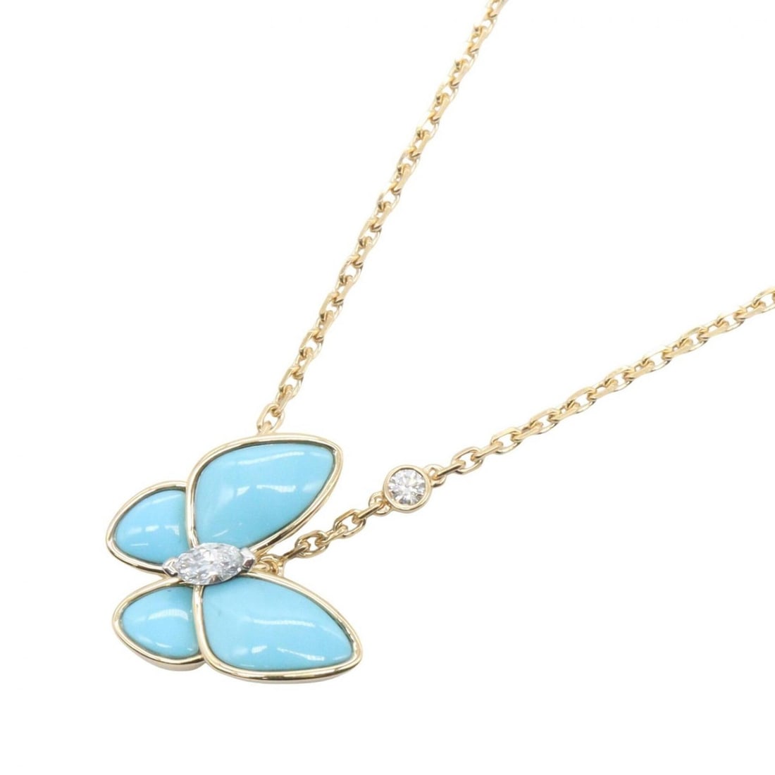 Van Cleef & Arpels De Papillon Turquoise Necklace (2PD) - 18K Yellow Gold with Diamonds and Women's: --- Catalog ---Category: SizePendant Size: 15mm x 15mm / 0.59'' x 0.59''Neck Circumference: 37 cm - 41.5 cm / 14.56'' - 16.33''Category: DesignColor: Blue, Clear, GoldGender: WomenMaterial: Yellow gol