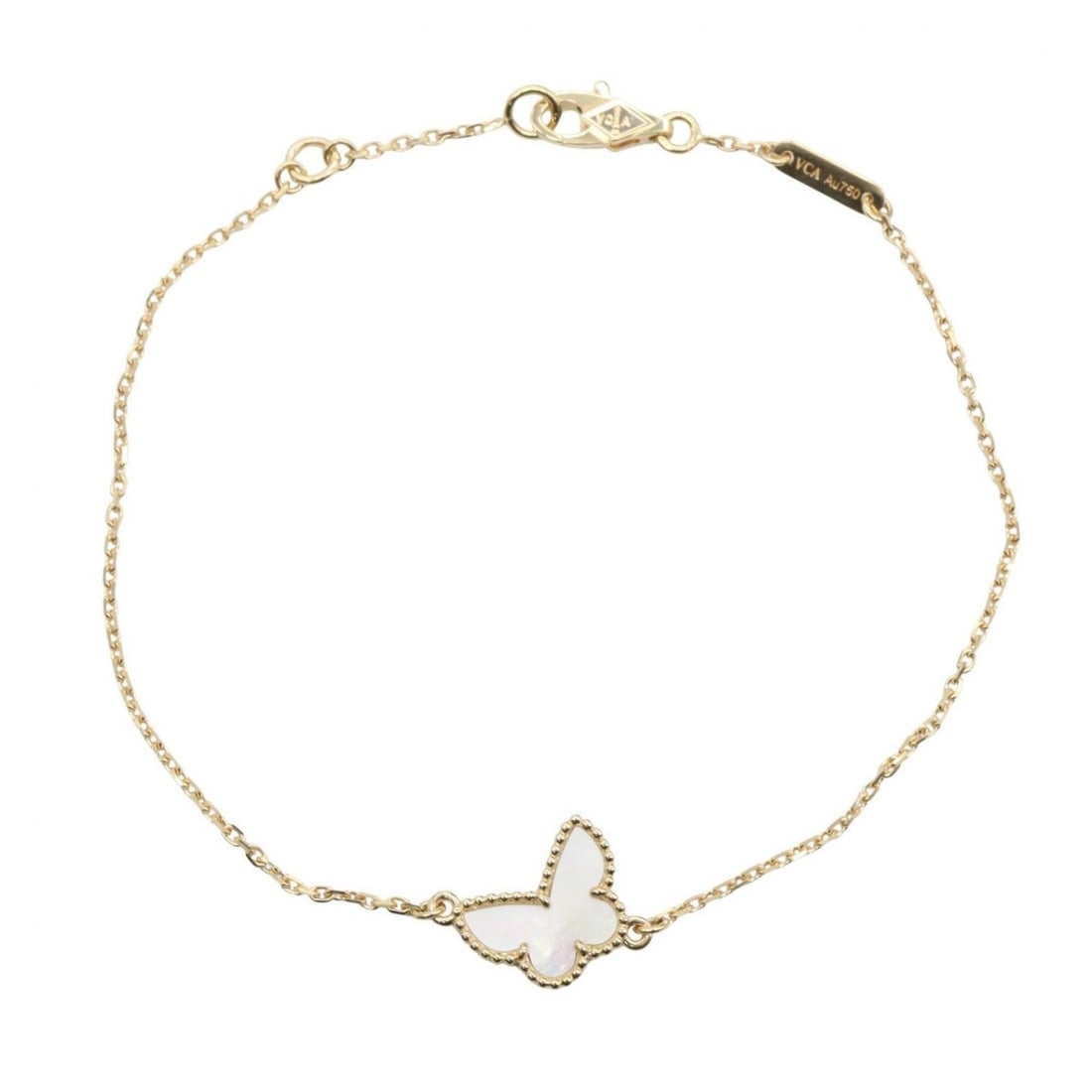 Van Cleef & Arpels Sweet Papillon Mother-of-Pearl Bracelet, 18K (Yellow Gold), Mother-of-Pearl,: --- Catalog ---Category: SizeLength: 17cm / 6.69''Category: DesignType: Charm braceletColor: Gold, WhiteGender: WomenMaterial: Yellow gold (18K)Category: GeneralMPN: VCARF69000Brand: Van Cleef & Arpel