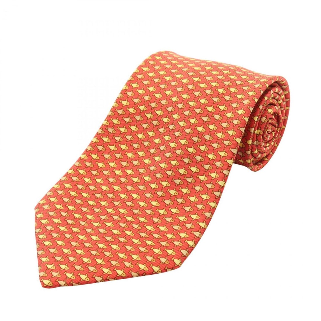 Hermes silk tie with a fish pattern, men's, red and yellow tones, multicolor.: --- Catalog ---Category: SizeTotal Length: 148cm / 58.26''Category: DesignType: CravatColor: Multi-color, Red color, YellowGender: MenMaterial: Silk Category: GeneralBrand: Hermes--- Item List