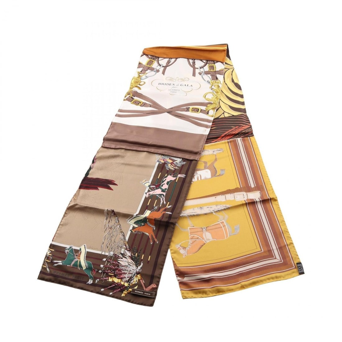 Hermes long silk scarf/muffler for women, brown tones, multicolor.: --- Catalog ---Category: SizeSize (LxW): 1.8m x 28cm / 70.86'' x 11.02''Category: DesignType: ScarfColor: Brown, Multi-colorGender: WomenMaterial: Silk Category: GeneralBrand: Hermes--- Item List ---S