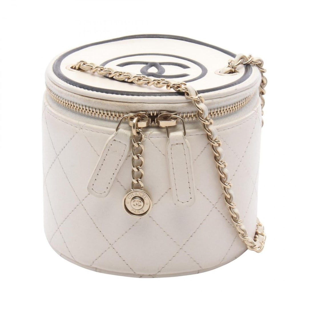 Chanel Matelassé Coco Mark Small Vanity Shoulder Bag Handbag Leather Women's White/Black: --- Catalog ---Category: SizeSize (HxWxD): 9cm x 10cm x 10cm / 3.54'' x 3.93'' x 3.93''Category: DesignType: Handbag, Shoulder bagColor: Black, WhiteGender: WomenMaterial: Leather Category: GeneralBra