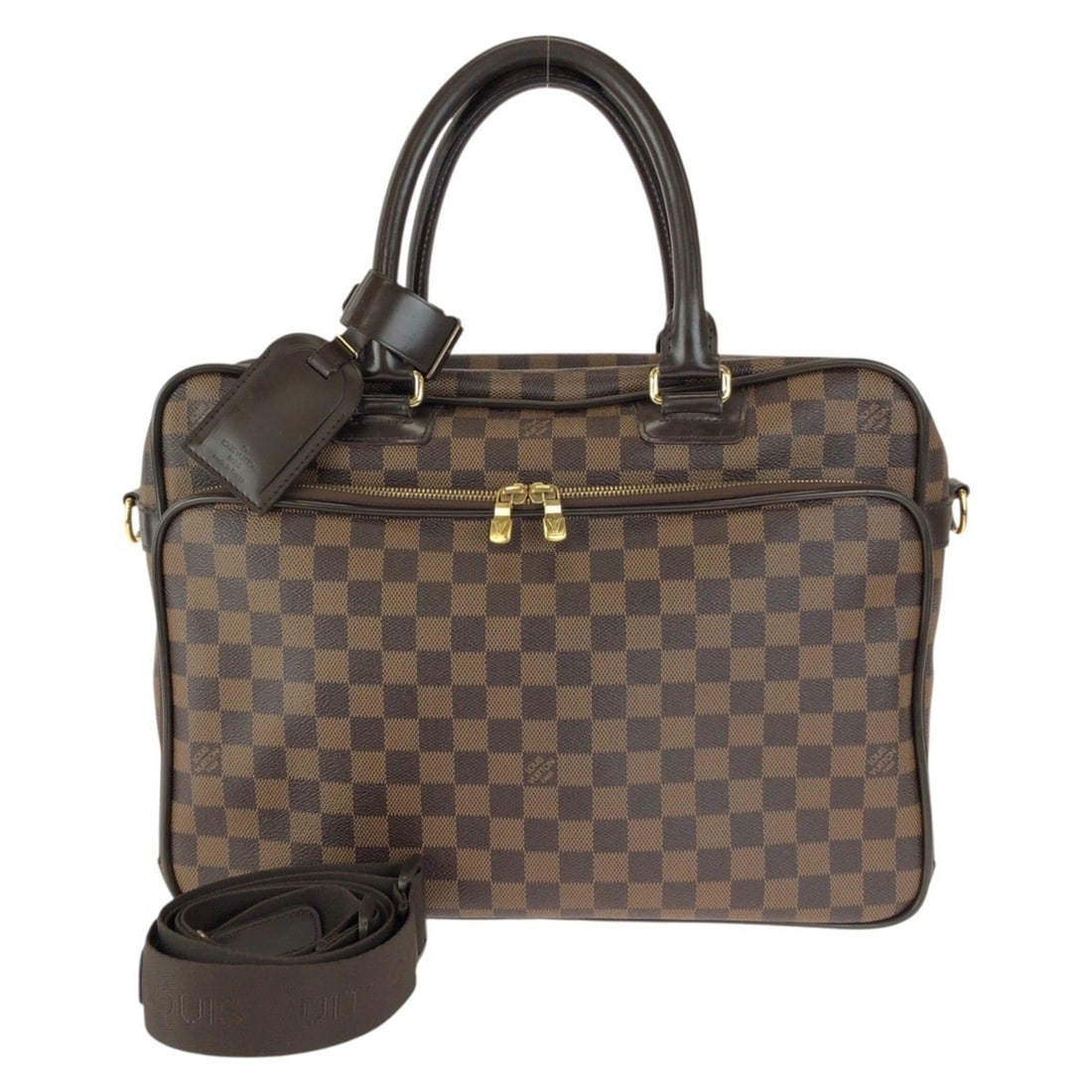 LOUIS VUITTON Damier Ebene Icare 2-way Brown Leather Briefcase with Gold Hardware (N23252) - Men's: --- Catalog ---Category: SizeSize (HxWxD): 28cm x 38cm x 13cm / 11.02'' x 14.96'' x 5.11''Category: DesignType: BriefcaseColor: Damier Canvas, EbeneGender: MenMaterial: Leather , PVC Category: General