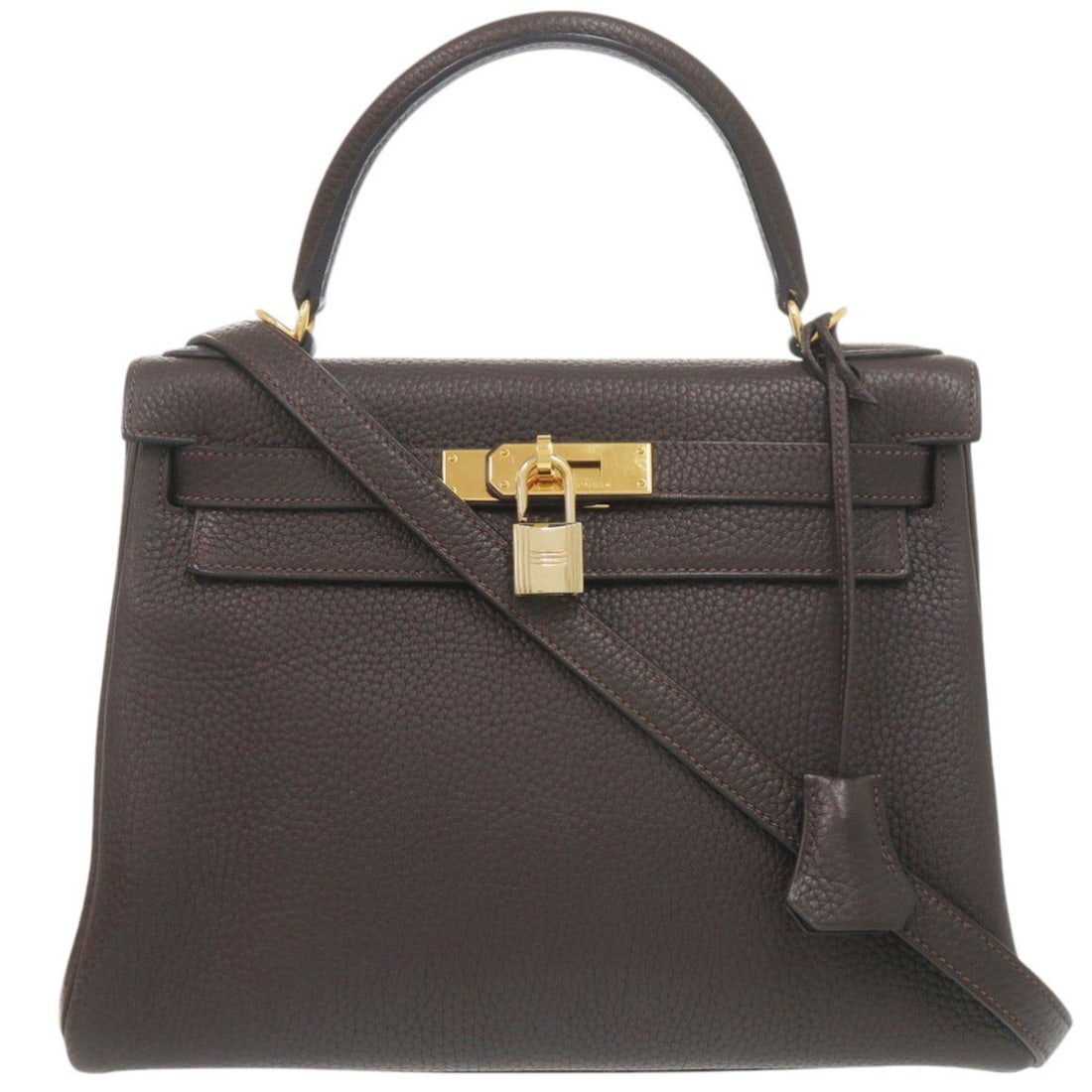 Hermes Kelly 28, inside stitching, Taurillon Clemence leather, chocolate color, gold hardware, ?J: --- Catalog ---Category: SizeSize (HxWxD): 21cm x 28cm x 12cm / 8.26'' x 11.02'' x 4.72''Category: DesignType: HandbagColor: ChocolatGender: WomenMaterial: Taurillon clemence leather Category: General