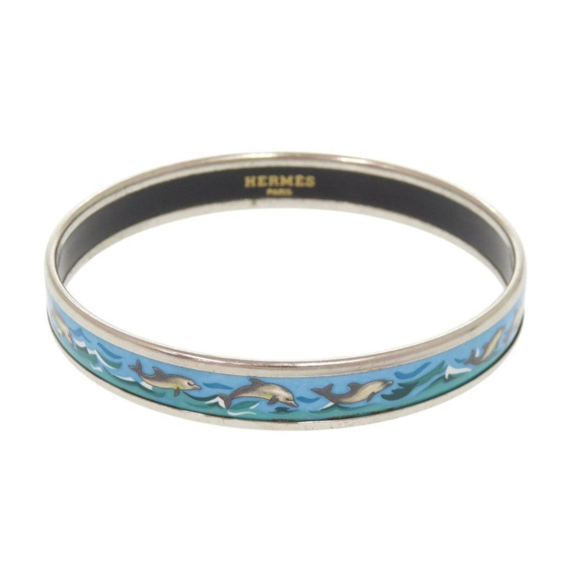 Hermes Email PM Dolphin Metal Silver Blue Bangle Bracelet 0165HERMES: --- Catalog ---Category: SizeWidth: 9mm / 0.35''Length: 19.5cm / 7.67''Category: DesignType: BangleColor: Blue, SilverGender: WomenMaterial: MetalCategory: GeneralBrand: HermesCountry of Origin: Austr