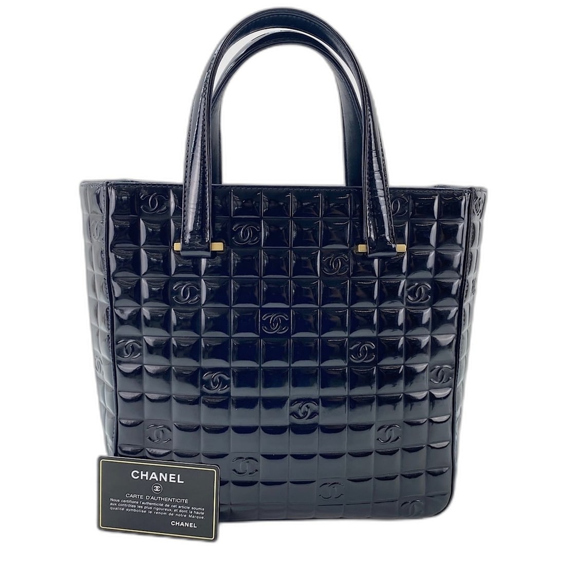 Chanel Chocolate Bar Tote Bag, Enamel, Black: --- Catalog ---Category: SizeSize (HxWxD): 24cm x 23cm x 8cm / 9.44'' x 9.05'' x 3.14''Category: DesignType: Tote bagColor: BlackGender: WomenMaterial: Leather Category: GeneralBrand: Chanel--- Item