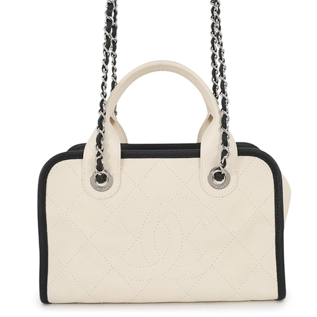 Chanel handbag, caviar leather, Coco Mark, Deauville bowling, A92757, CHANEL 2-way, white/black,: --- Catalog ---Category: SizeSize (HxWxD): 18cm x 27cm x 11.5cm / 7.08'' x 10.62'' x 4.52''Category: DesignType: HandbagColor: Black, WhiteGender: WomenMaterial: Grained Calfskin Category: GeneralMPN: