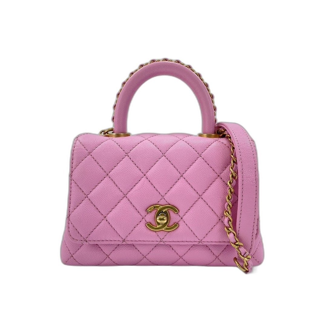Chanel Coco Handle Matelassé Handbag Pink: --- Catalog ---Category: SizeHandle Drop: 6.00cm / 2.36''Size (HxWxD): 13cm x 18cm x 9cm / 5.11'' x 7.08'' x 3.54''Strap Length: 118cm / 46.45''Category: DesignType: HandbagColor: PinkGender: WomenCat