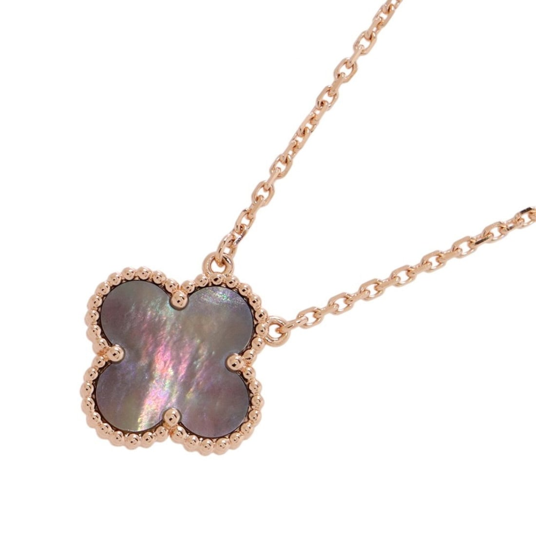 Van Cleef & Arpels Alhambra Necklace Pendant, Gray Mother-of-Pearl, 18K Pink Gold (VCARP4KK00): --- Catalog ---Category: SizePendant Size: 14.8mm x 14.8mm / 0.58'' x 0.58''Neck Circumference: 42 cm / 16.53''Category: DesignColor: PinkGender: WomenMaterial: Pink gold (18K)Pendant Type: PendantNec