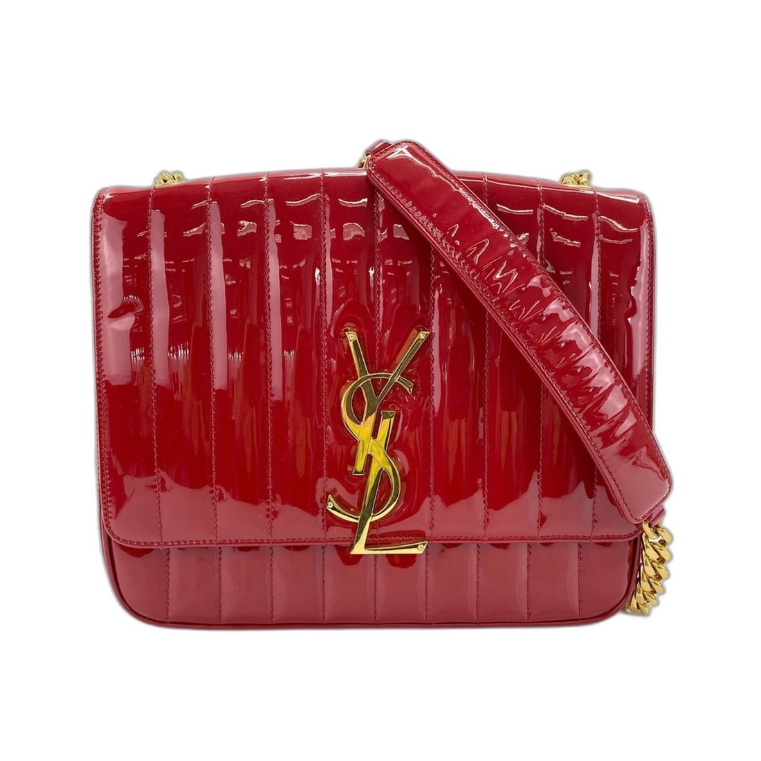 Yves Saint Laurent Vicky Shoulder Bag, Enamel Red: --- Catalog ---Category: SizeSize (HxWxD): 19cm x 25cm x 9cm / 7.48'' x 9.84'' x 3.54''Strap Length: 108cm / 42.51''Category: DesignType: Shoulder bagColor: Red colorGender: WomenMaterial: Leather Lea