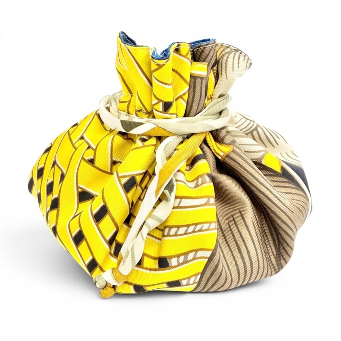 HERMES Petit H 100% Silk Masan & Reversible Drawstring Pouch, Yellow/Blue, Made in France, Women's,: --- Catalog ---Category: DesignType: PouchColor: Blue, YellowGender: WomenMaterial: Silk Category: GeneralBrand: HermesCountry of Origin: France--- Item List ---Section: ConditionRanking: Rank A Used 