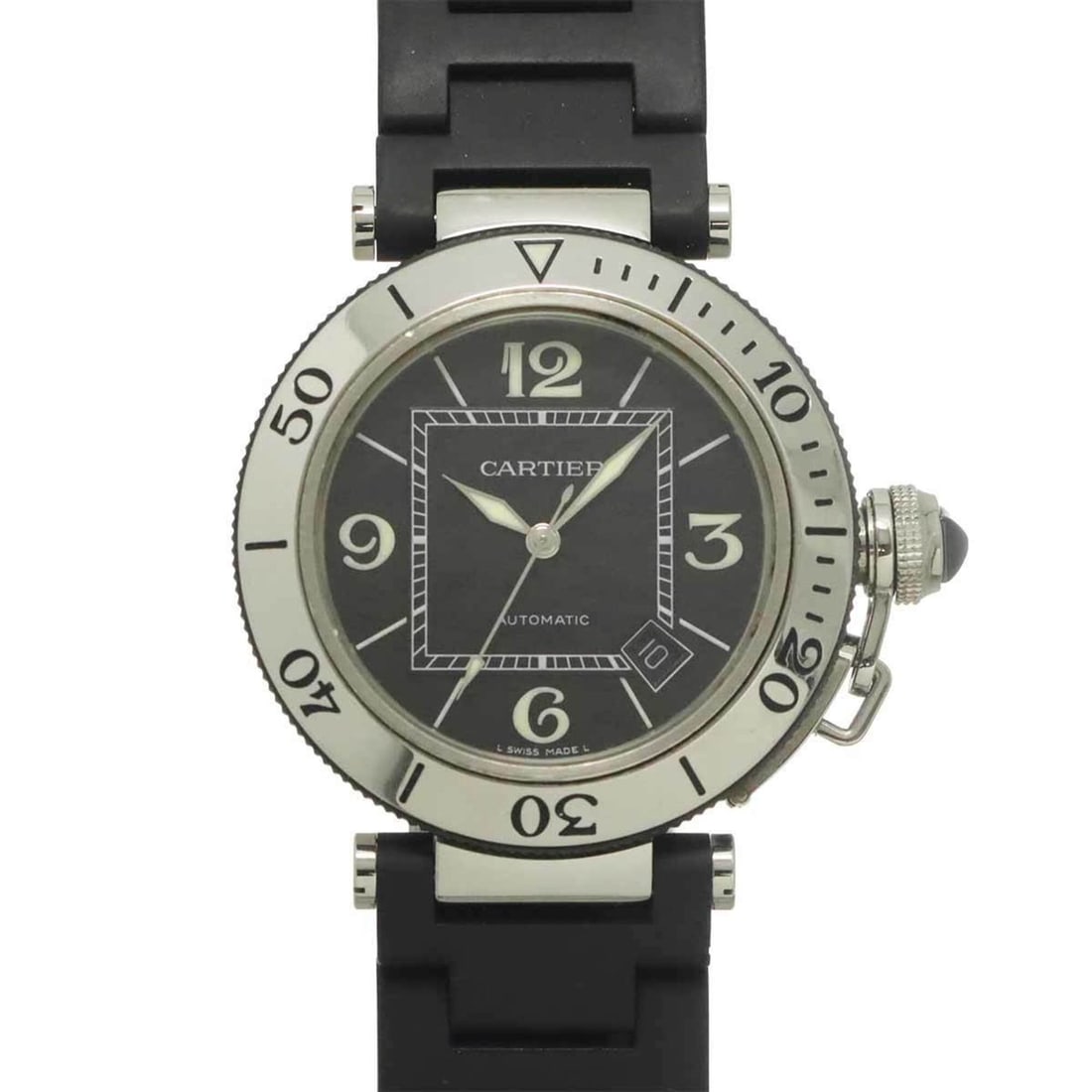 Cartier Pasha Seatimer W31077U2 Men's Watch, Date, Black, Automatic Movement: --- Catalog ---Category: SizeWrist Size: 19cm / 7.48''Case Diameter: 40mm / 1.57''Category: DesignType: WristwatchGender: MenColor (Dial): BlackMaterial (Band): Rubber, Stainless steelMaterial (Case):