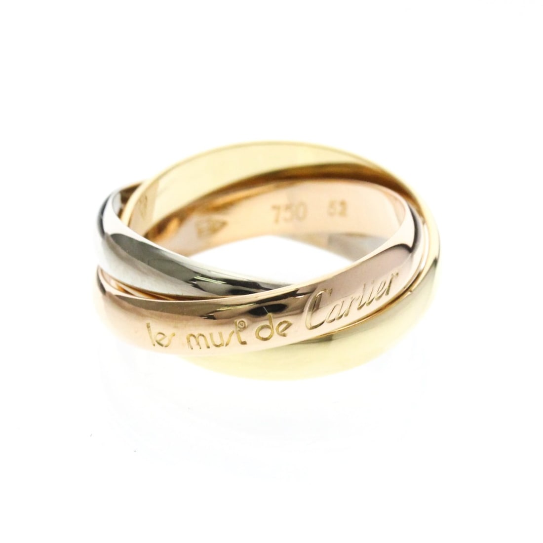 Cartier Trinity Ring Yellow Gold (18K),Pink Gold (18K),White Gold (18K) Fashion No Stone Band Ring: --- Catalog ---Category: SizeWidth: 3.4mm / 0.13''Weight: 7.9g / 0.27oz.JP Size: 12US Size: 6Brand Size: 52Category: DesignType: Band ringColor: GoldMetal: Gold, White GoldStone: No StoneStyle: Fashio