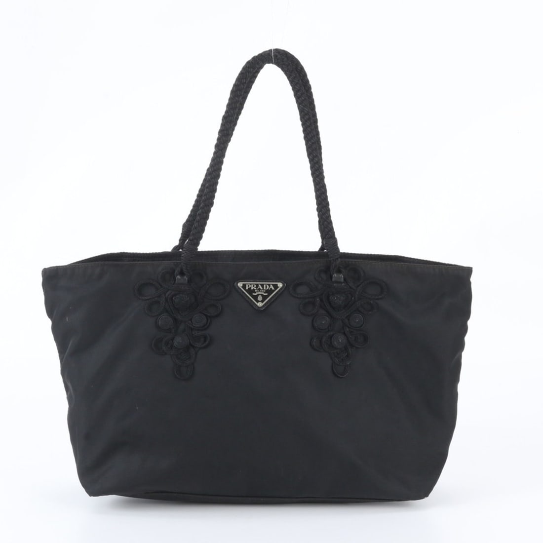 Prada Tessuto Nylon Triangle Logo Leather Tote Bag Handbag Shoulder Black Women's: --- Catalog ---Category: SizeSize (HxWxD): 24cm x 32cm x 10cm / 9.44'' x 12.59'' x 3.93''Category: DesignType: Shoulder bag, Tote bagColor: BlackGender: WomenMaterial: Nylon , Leather Category: Genera
