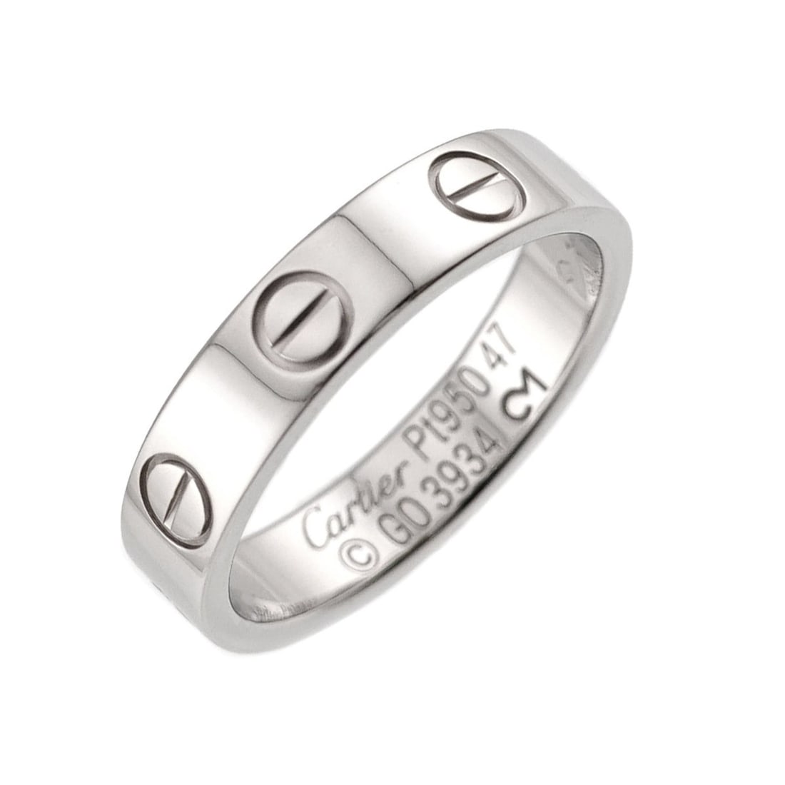 Cartier Mini Love Ring #47, Platinum.: --- Catalog ---Category: SizeUS Size: 4Brand Size: 47Category: DesignType: Band ringGender: WomenMaterial: Platinum 950Category: GeneralBrand: Cartier--- Item List ---Section: ConditionRanking: Rank S