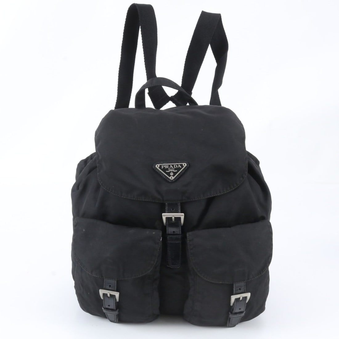 Prada Tessuto Nylon Triangle Logo Leather Backpack Handbag Black Women's: --- Catalog ---Category: SizeSize (HxWxD): 25cm x 30cm x 14cm / 9.84'' x 11.81'' x 5.51''Category: DesignType: BackpackColor: BlackGender: WomenMaterial: Nylon , Leather Category: GeneralBrand: PradaC