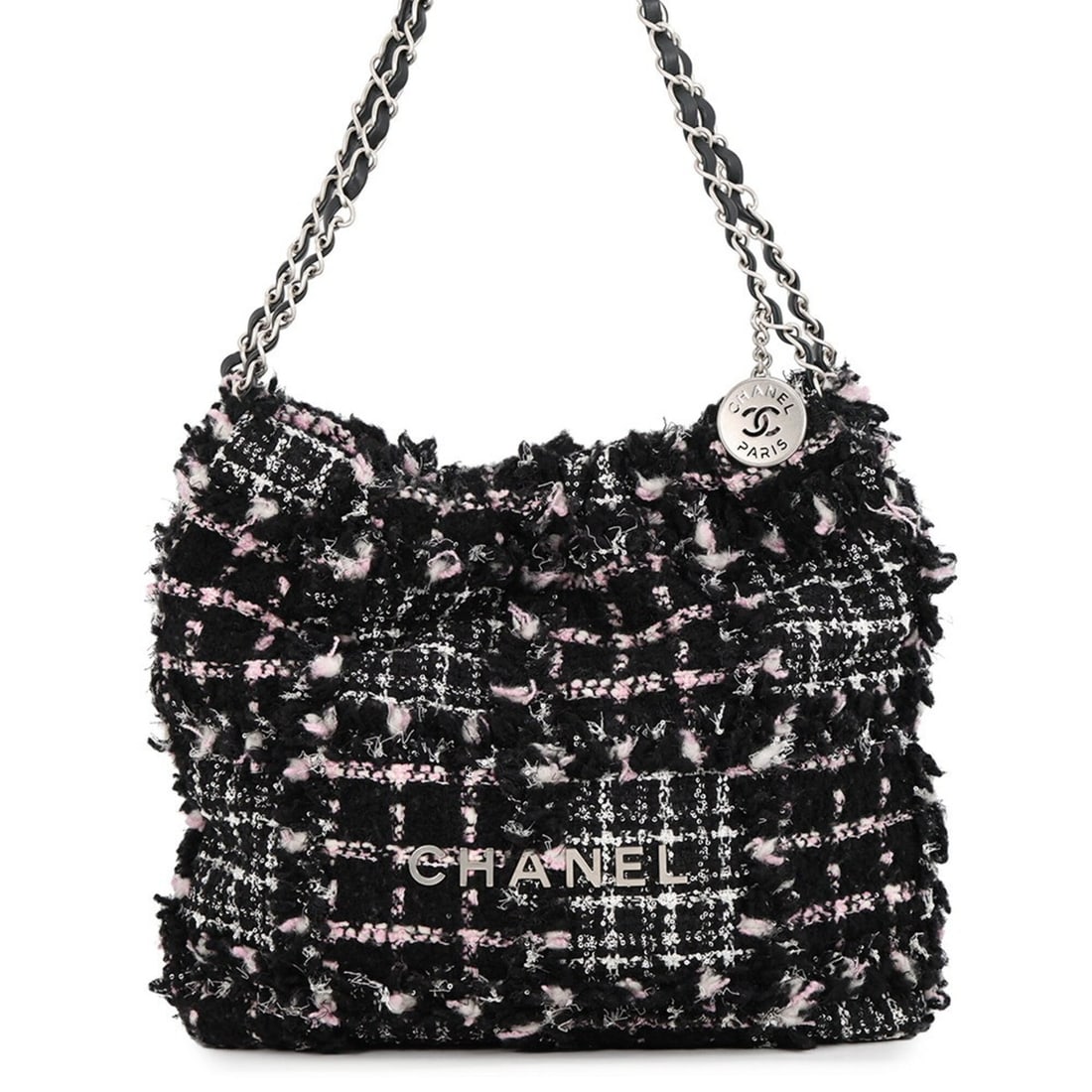 Chanel Chain Shoulder Bag CHANEL22 Small Calfskin AS3260 CHANEL Black White Handbag Women's: --- Catalog ---Category: SizeSize (HxWxD): 29cm x 29cm x 8cm / 11.41'' x 11.41'' x 3.14''Category: DesignType: Handbag, Shoulder bagColor: Black, WhiteGender: WomenMaterial: Tweed , Leather Category: 