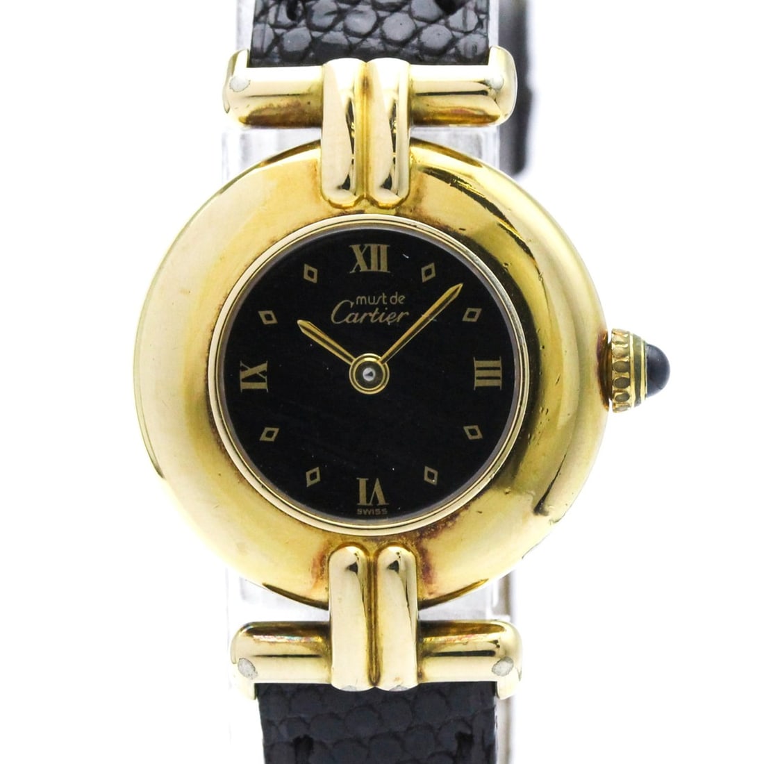 CARTIER Must Colisee Vermeil Gold Plated Quartz Ladies Watch W1000753: --- Catalog ---Category: SizeCase Diameter: 24mm / 0.94''Category: DesignType: WristwatchStyle: Dress/FormalGender: WomenColor (Dial): BlackMaterial (Band): LeatherMaterial (Case): Gold platedCategory