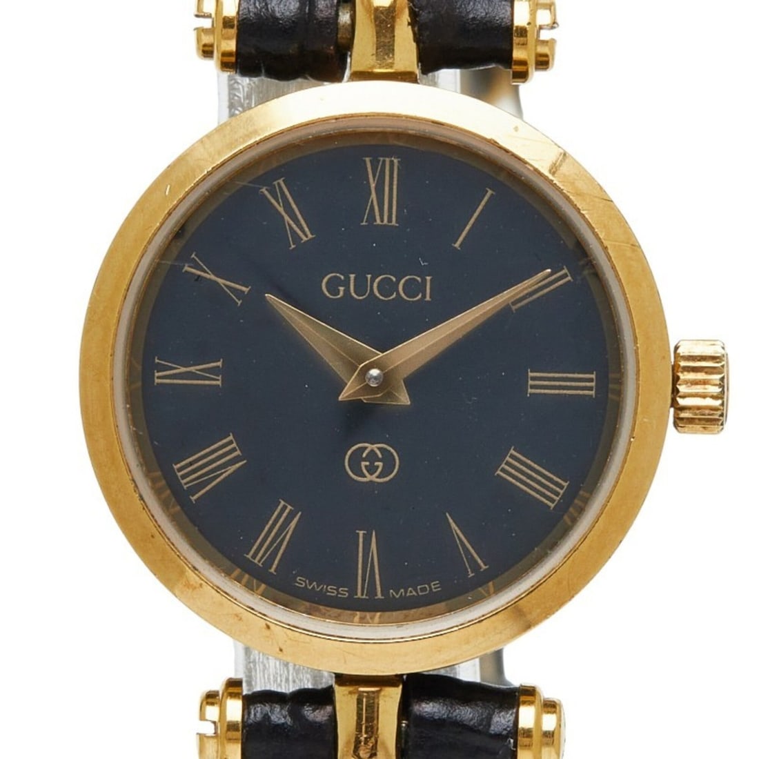 Gucci watch, aftermarket strap, quartz movement, black dial, plated leather women's watch.: --- Catalog ---Category: SizeWrist Size: 15.5cm / 6.1''Case Diameter: 21.5mm / 0.85''Category: DesignType: WristwatchGender: WomenColor (Dial): BlackMaterial (Band): LeatherMaterial (Case): Gold plate