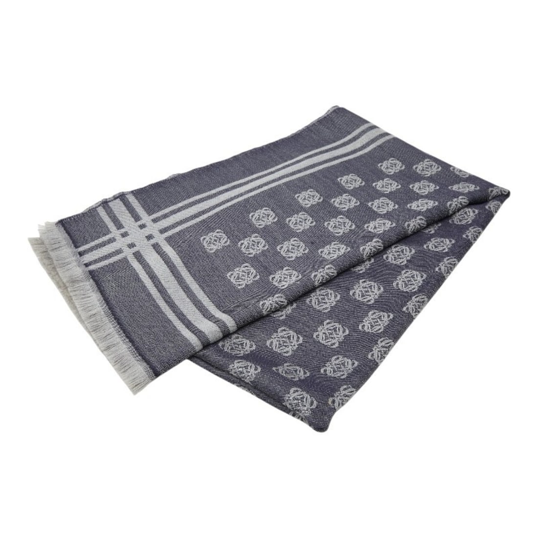 Loewe Anagram Scarf, Navy/Gray Wool, Women's: --- Catalog ---Category: SizeSize (LxW): 1.8m x 51cm / 70.86'' x 20.07''Category: DesignType: StoleColor: Gray, NavyGender: WomenMaterial: Wool Category: GeneralBrand: Loewe--- Item List ---Section: C