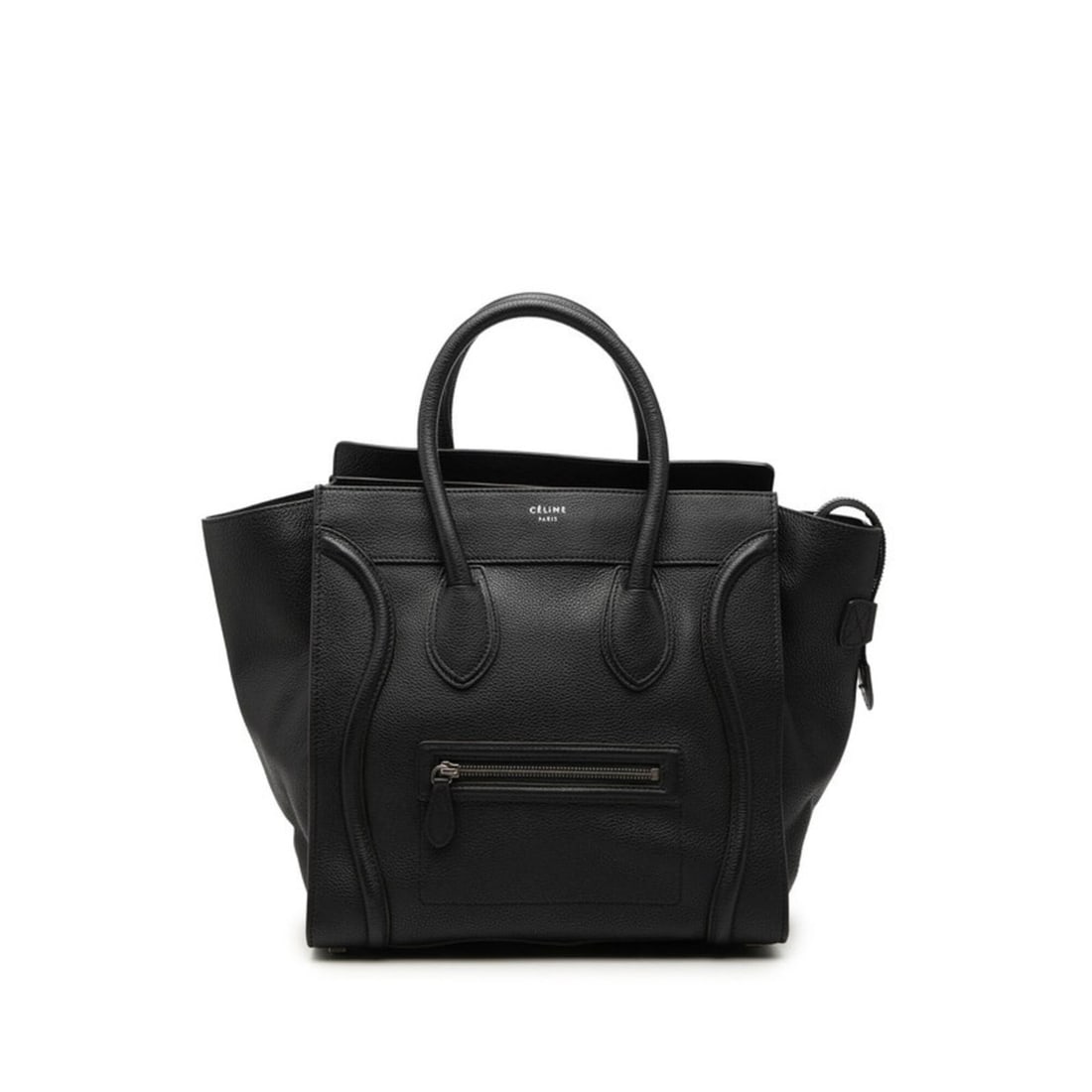 Celine Luggage Mini Handbag, Black Leather, Women's CELINE: --- Catalog ---Category: SizeSize (HxWxD): 31cm x 30.5cm x 16cm / 12.2'' x 12'' x 6.29''Category: DesignType: HandbagColor: BlackGender: WomenMaterial: Leather Category: GeneralBrand: Celine--- Item L