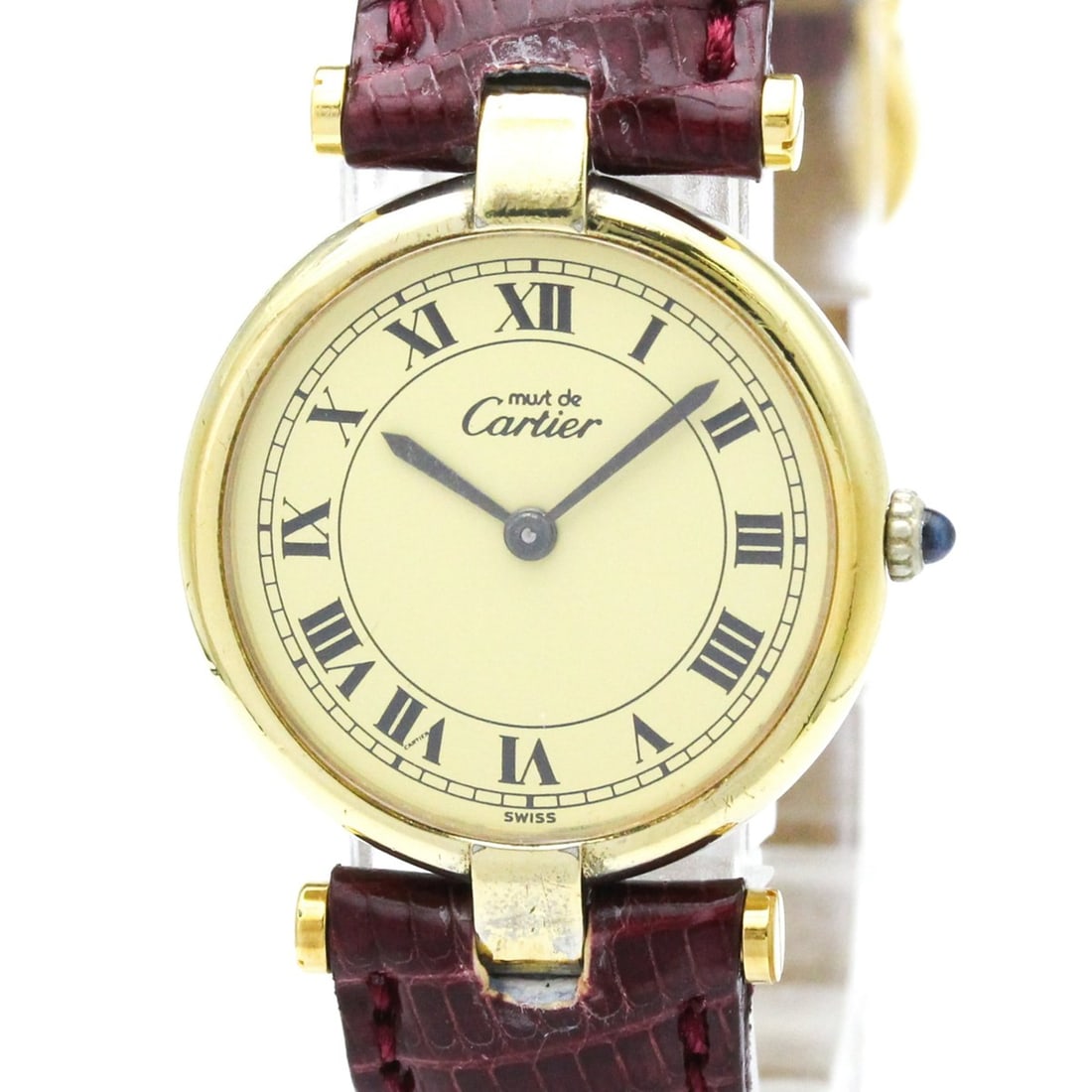 CARTIER Must Vendome Gold Plated Leather Quartz Ladies Watch: --- Catalog ---Category: SizeCase Diameter: 24mm / 0.94''Category: DesignType: WristwatchStyle: Dress/FormalGender: WomenColor (Dial): IvoryMaterial (Band): LeatherMaterial (Case): Gold platedCategory