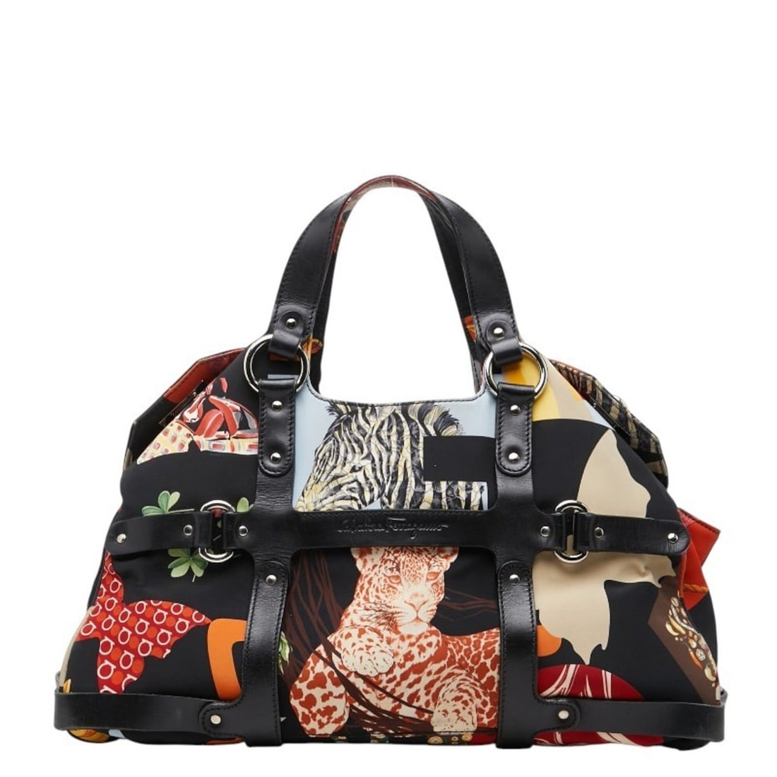 Salvatore Ferragamo Animal Flower Handbag, Black Multicolor Nylon Leather, Women's.: --- Catalog ---Category: SizeSize (HxWxD): 22cm x 35.5cm x 13cm / 8.66'' x 13.97'' x 5.11''Category: DesignType: HandbagColor: Black, Multi-colorGender: WomenMaterial: Nylon , Leather Category: Genera