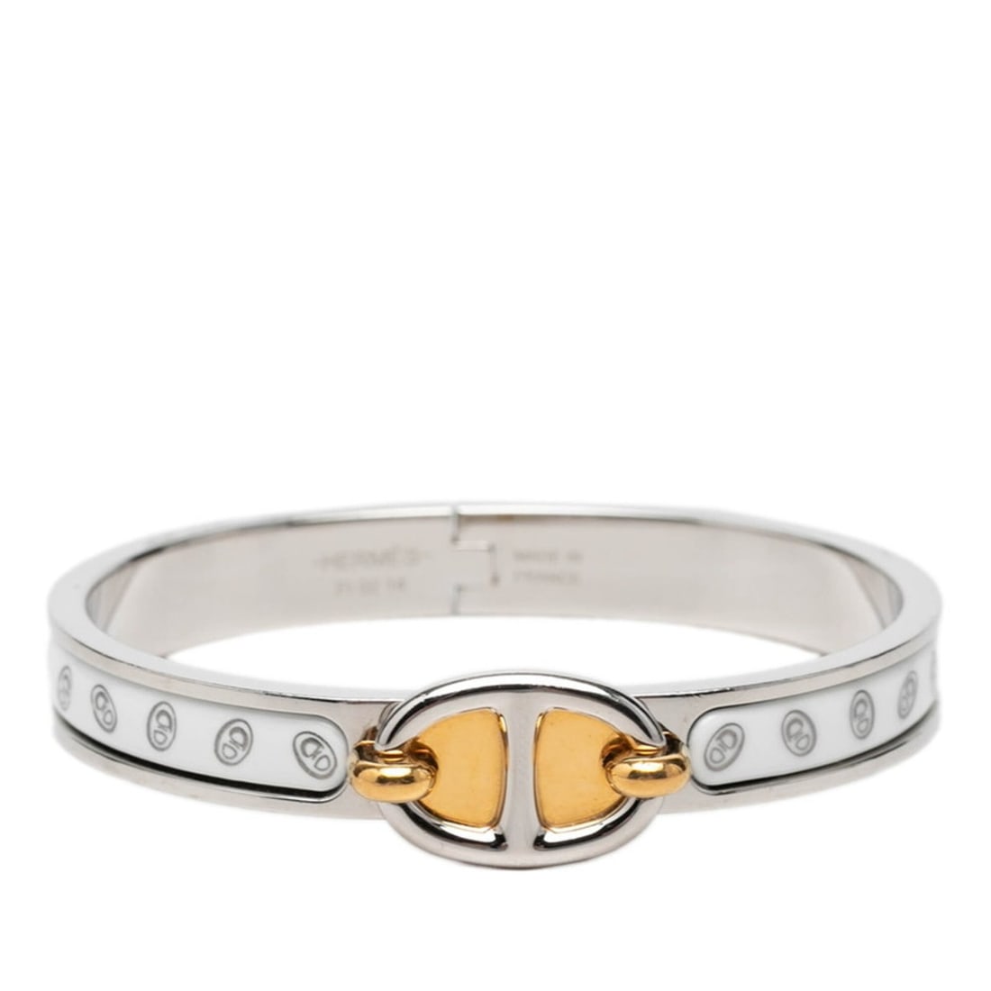 Hermes Mini Clic Clac PM Chaine d'Ancre Bracelet Bangle Silver Gold White Metal Plated Women's: --- Catalog ---Category: SizeLength: 16cm / 6.29''Category: DesignType: Charm braceletColor: Gold, Silver, Silver pinkGender: WomenMaterial: MetalCategory: GeneralBrand: Hermes--- Item List ---Section