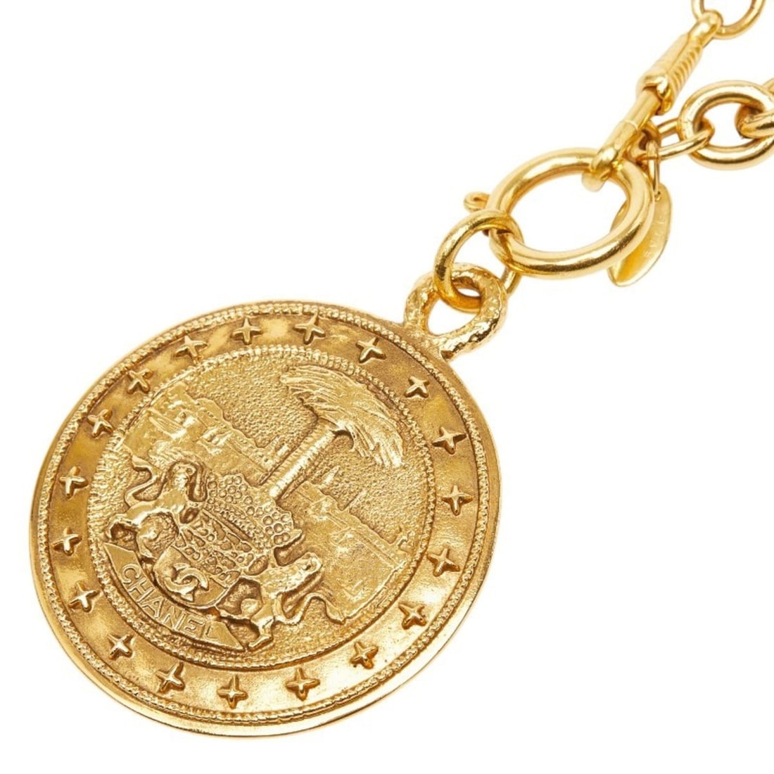 Chanel Coco Mark Round Necklace, Gold Plated, Women's.: --- Catalog ---Category: SizePendant Size: 58.3mm x 48.3mm / 2.29'' x 1.9''Neck Circumference: 74.5 cm / 29.33''Category: DesignColor: GoldGender: WomenMaterial: Gold platingNecklace Type: NecklaceCat