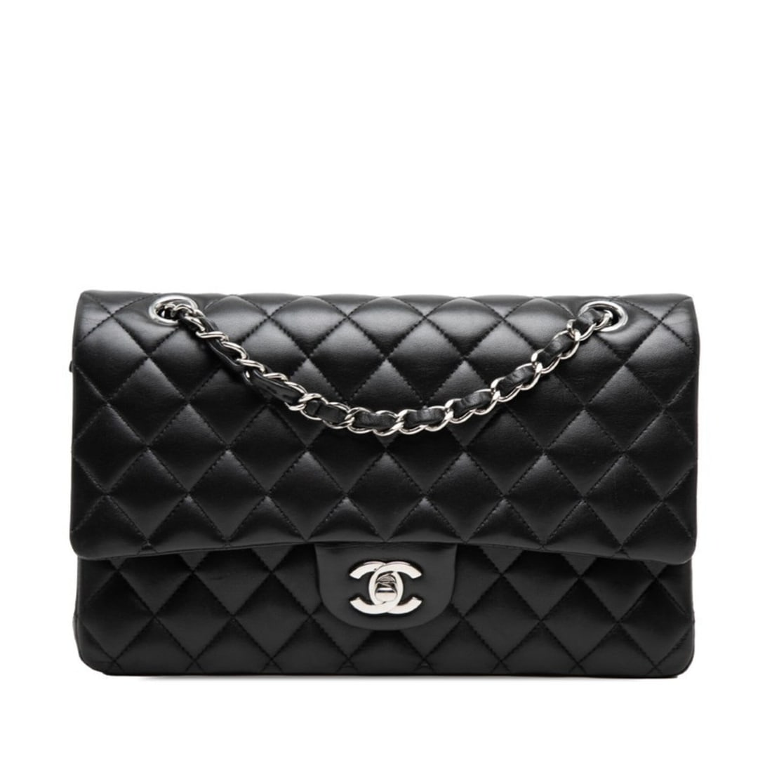 Chanel Coco Mark Matelassé Double Flap Chain Shoulder Bag, Black with Silver Hardware, Lambskin,: --- Catalog ---Category: SizeSize (HxWxD): 15cm x 25cm x 6.5cm / 5.9'' x 9.84'' x 2.55''Category: DesignType: Shoulder bagColor: BlackGender: WomenMaterial: Leather Leather/Fur Type: LambskinCategory: