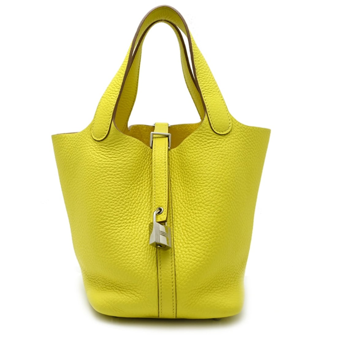 Hermes Picotin Lock PM, Y stamp, 2020 model, women's handbag, Taurillon Clemence leather, lime: --- Catalog ---Category: SizeSize (HxWxD): 18cm x 22cm x 13cm / 7.08'' x 8.66'' x 5.11''Category: DesignType: HandbagColor: Lime, YellowGender: WomenMaterial: Taurillon clemence leather Category: