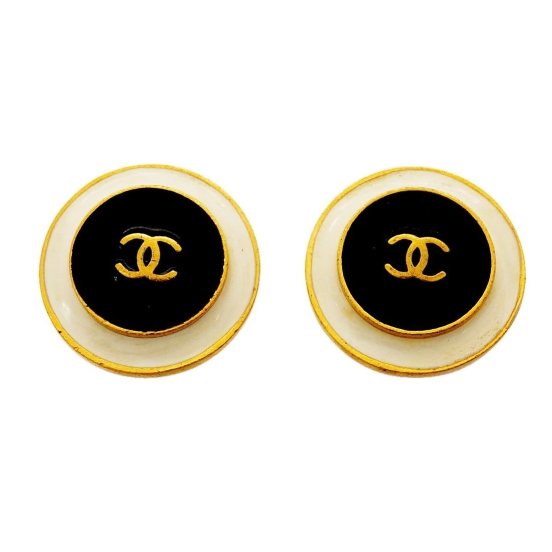 Chanel Earrings, Coco Mark Circle, GP Plated, Gold, White, Black, Women's (1 of 11)