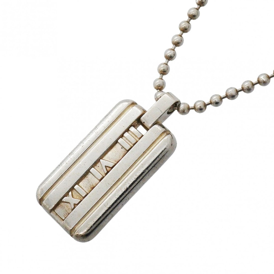 Tiffany & Co. Atlas Plate Ball Chain Necklace, Sterling Silver 925, Women's: --- Catalog ---Category: SizePendant Size: 33.1mm x 15.6mm / 1.3'' x 0.61''Neck Circumference: 51.5 cm / 20.27''Category: DesignGender: WomenMaterial: Silver 925Necklace Type: NecklaceCategory: Genera
