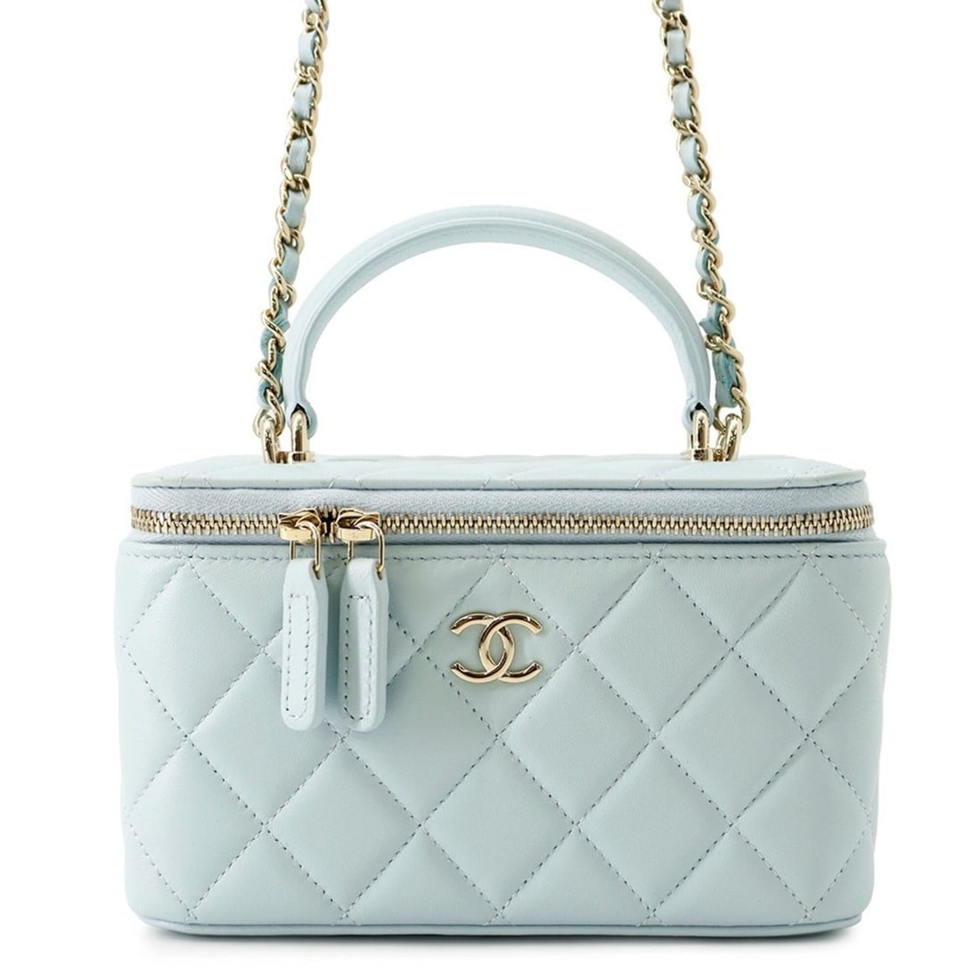 Chanel Chain Shoulder Bag Matelassé Coco Mark Vanity Case Lambskin AP2199 CHANEL Handbag Women's: --- Catalog ---Category: SizeWeight: 390g / 13.75oz.Size (HxWxD): 9.5cm x 16cm x 8cm / 3.74'' x 6.29'' x 3.14''Strap Length: 119cm / 46.85''Category: DesignType: Handbag, Shoulder bagColor: Light blue