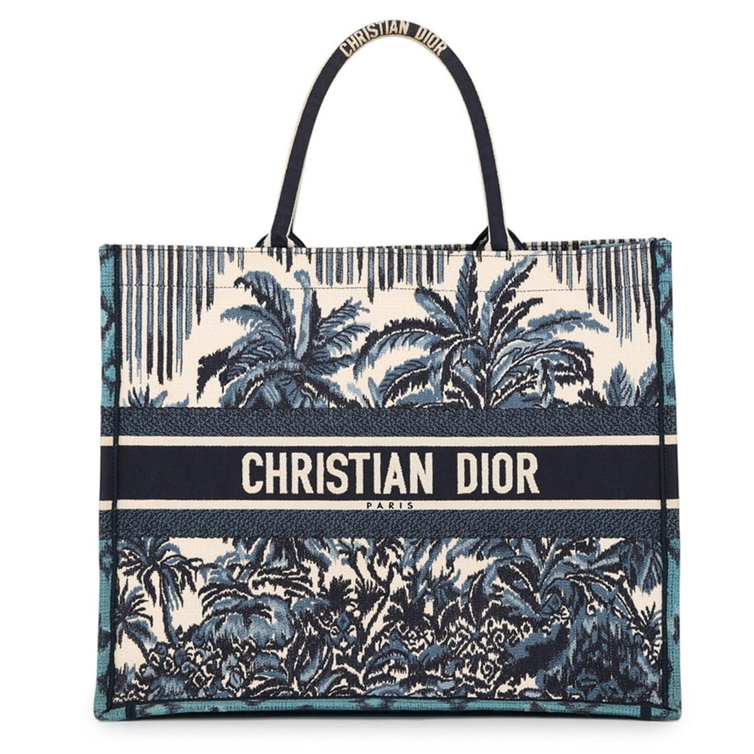 Christian Dior Dior Tote Bag Palms Book Large Canvas M12862REU Christian Handbag Women's: --- Catalog ---Category: SizeSize (HxWxD): 34cm x 41.5cm x 18cm / 13.38'' x 16.33'' x 7.08''Category: DesignType: Tote bagColor: Blue, WhiteGender: WomenClosure: OpenMaterial: Canvas Category: General