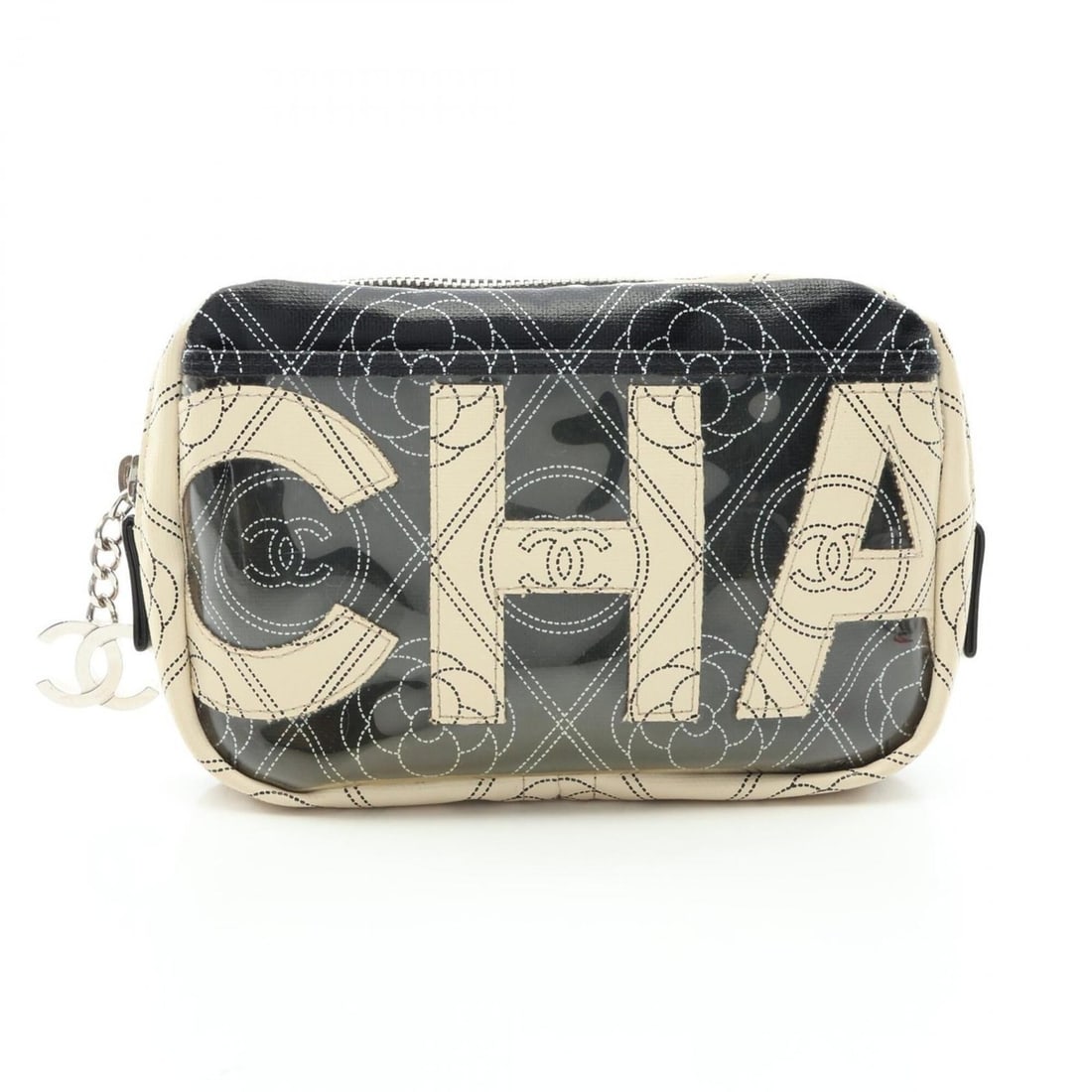 Chanel Camellia Coco Mark Handbag Pouch Coated Canvas Women's Black/White: --- Catalog ---Category: SizeSize (HxWxD): 11cm x 19cm / 4.33'' x 7.48''Category: DesignType: PouchColor: Black, WhiteGender: WomenMaterial: Coated canvas Category: GeneralBrand: Chanel--- Item List -