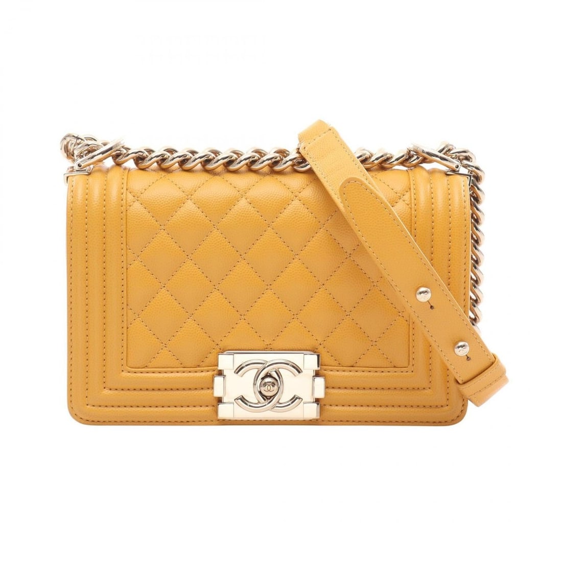 Chanel Boy Small Shoulder Bag/Handbag, Caviar Leather (Grained Calfskin), Women's, Yellow, A67085: --- Catalog ---Category: SizeSize (HxWxD): 12cm x 20cm x 6cm / 4.72'' x 7.87'' x 2.36''Category: DesignType: Handbag, Shoulder bagColor: YellowGender: WomenMaterial: Grained Calfskin Category: General