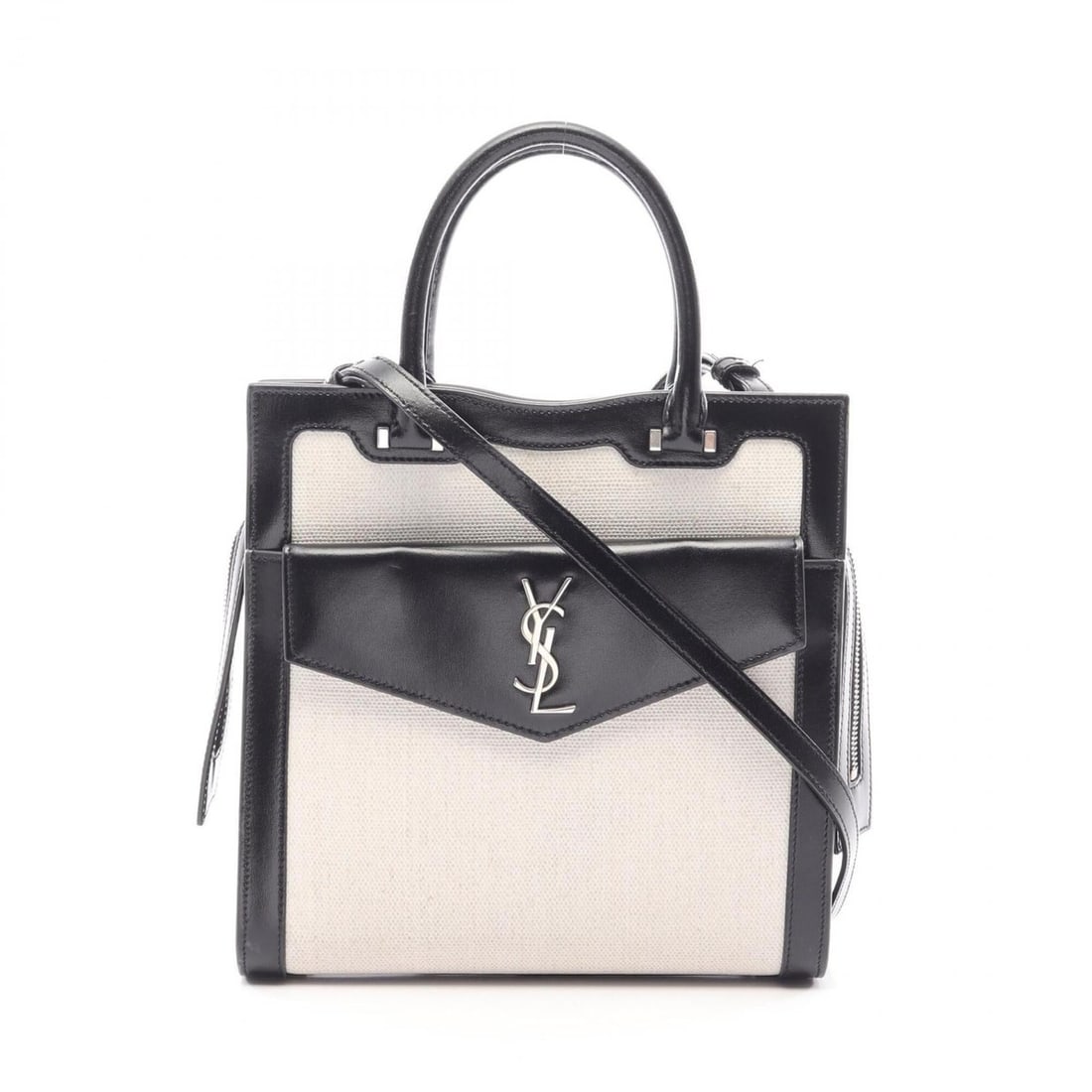 Yves Saint Laurent Saint Laurent Paris Uptown Tote Small 2-Way Handbag, Canvas and Leather, Women's,: --- Catalog ---Category: SizeSize (HxWxD): 22cm x 23cm x 11cm / 8.66'' x 9.05'' x 4.33''Category: DesignType: HandbagColor: Black, IvoryGender: WomenMaterial: Canvas , Leather Category: GeneralMPN: 56