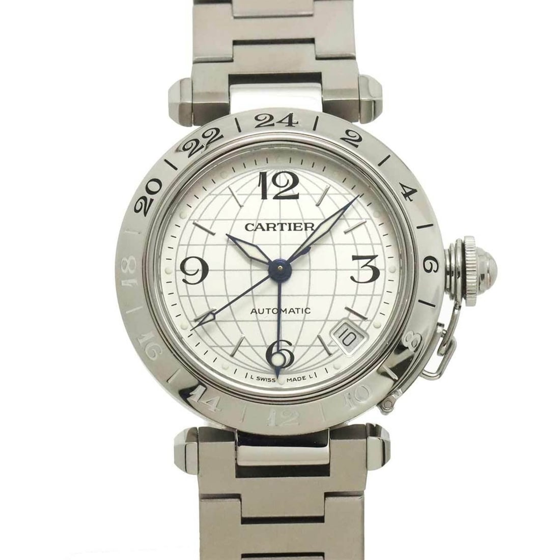 Cartier Pasha C Meridian GMT W31078M7 Boys' Watch, Date, Silver, Automatic Movement: --- Catalog ---Category: SizeWrist Size: 15.5cm / 6.1''Case Diameter: 35mm / 1.38''Category: DesignType: WristwatchGender: Men,WomenColor (Dial): SilverMaterial (Band): Stainless steelMaterial (Case):