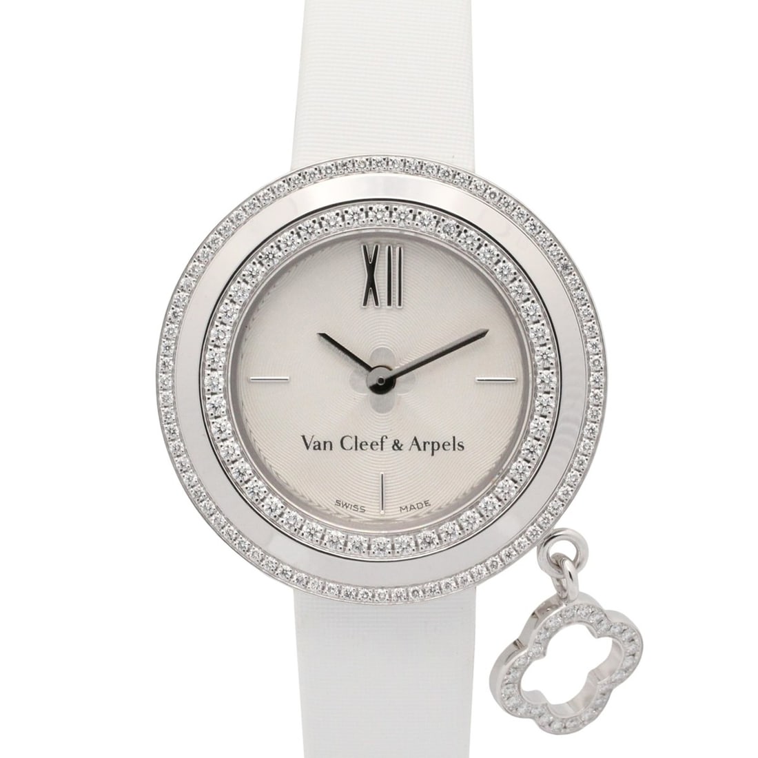 Van Cleef & Arpels Charm Mini Watch, 18K White Gold (WG), Leather Strap, Diamond, Ladies', Silver: --- Catalog ---Category: SizeWrist Size: 16cm / 6.29''Case Diameter: 25.3mm / 1''Category: DesignType: WristwatchGender: WomenColor (Dial): SilverMaterial (Band): LeatherMaterial (Case): White gold (1