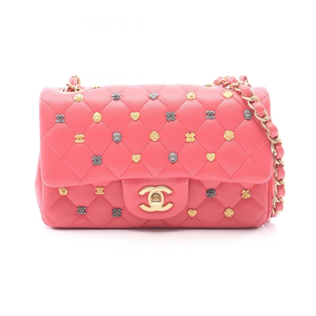Chanel Mini Matelassé 20 Icon Charm Shoulder Bag/Handbag, Lambskin Leather, Women's, Pink, A69900: --- Catalog ---Category: SizeSize (HxWxD): 12cm x 20cm x 6.5cm / 4.72'' x 7.87'' x 2.55''Category: DesignType: Handbag, Shoulder bagColor: PinkGender: WomenMaterial: Leather Hardware Color: GoldLeathe
