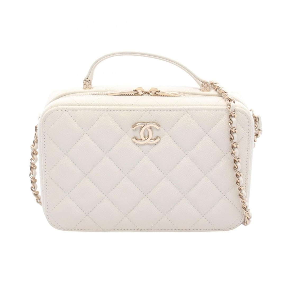 Chanel Matelassé Vanity Top Handle 2-Way Shoulder Bag/Handbag, Caviar Leather (Grained Calfskin),: --- Catalog ---Category: SizeSize (HxWxD): 12cm x 18.5cm x 6cm / 4.72'' x 7.28'' x 2.36''Category: DesignType: Handbag, Shoulder bagColor: WhiteGender: WomenMaterial: Grained Calfskin Hardware Color: 