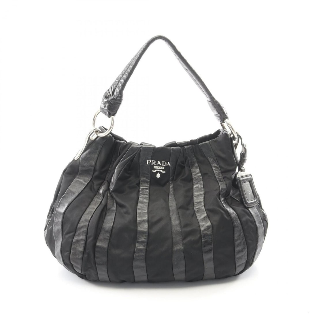 Prada striped handbag, nylon and leather, women's, black.: --- Catalog ---Category: SizeSize (HxWxD): 29cm x 26cm x 8cm / 11.41'' x 10.23'' x 3.14''Handle Length: 40cm / 15.74''Category: DesignType: HandbagColor: BlackGender: WomenMaterial: Nylon , Leather Ca