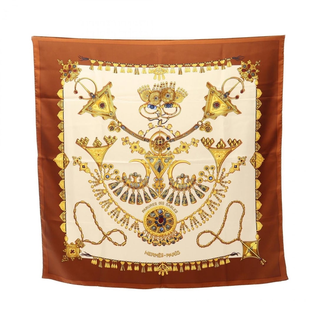 Hermes Carre 90 Parures des Sables Scarf/Muffler, Silk, Women's, Brown/White/Multicolor: --- Catalog ---Category: SizeSize (LxW): 89cm x 89cm / 35.03'' x 35.03''Category: DesignType: ScarfColor: Brown, Multi-color, WhiteGender: WomenMaterial: Silk Category: GeneralBrand: Hermes--- Item Li